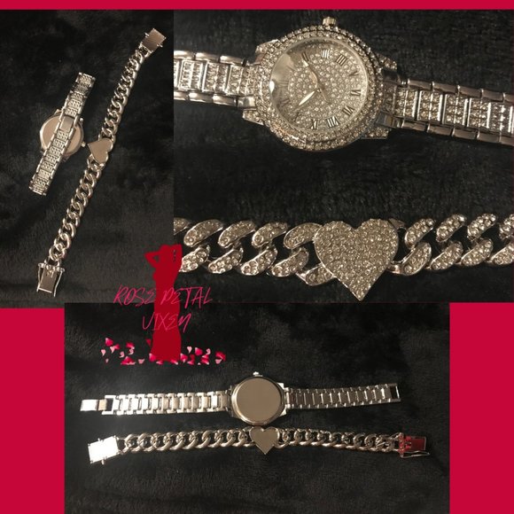 Silver Rhinestone Quartz Watch and Big Heart Fashion Bracelet Set. - Picture 2 of 2